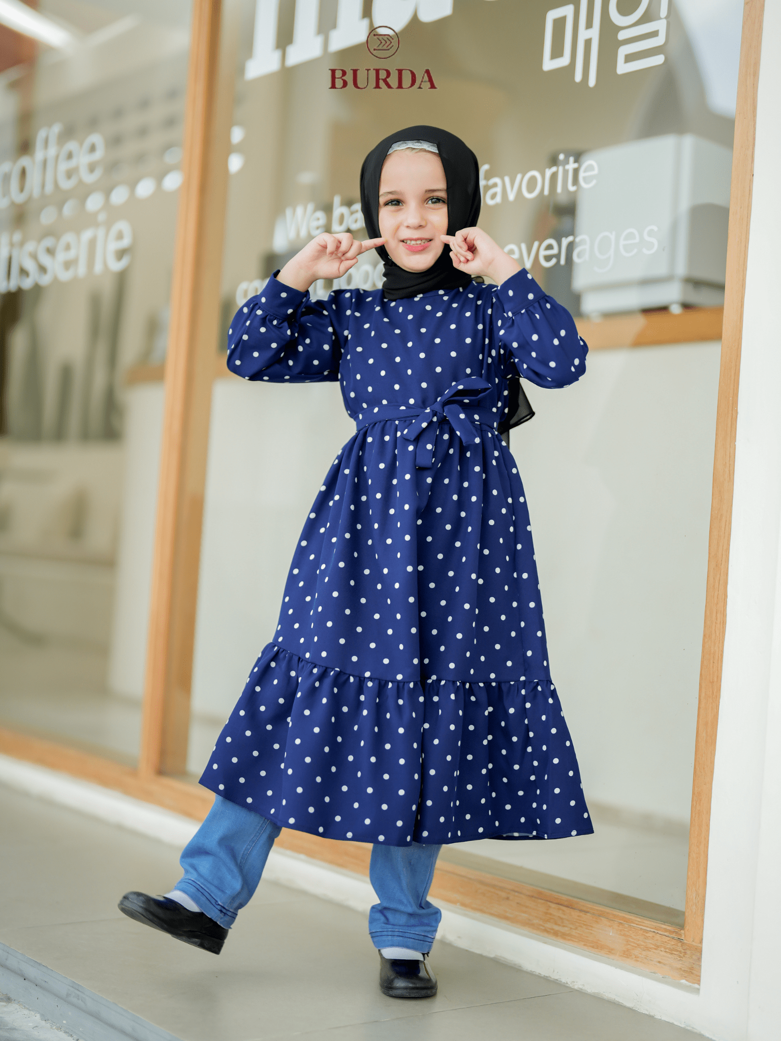 Burdaclothing Kid's Navy Blue Polka Dot Dress