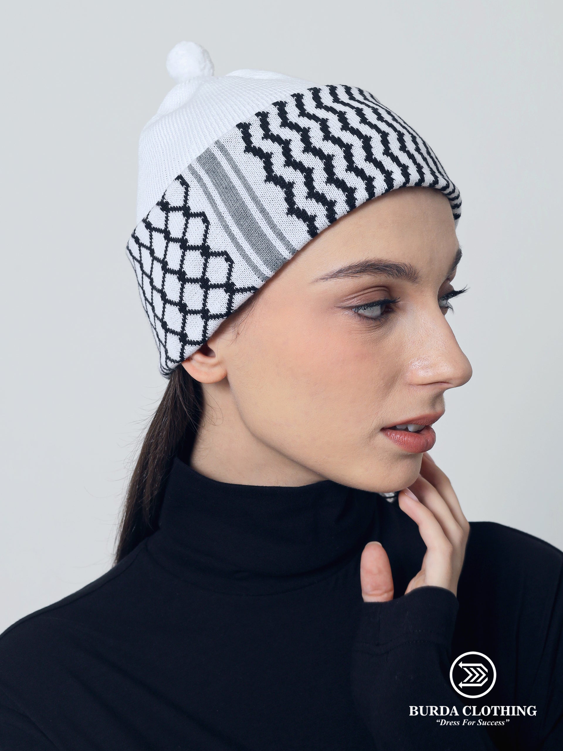Palestine Kufiya Beanie Womens- White by Burdaclothing