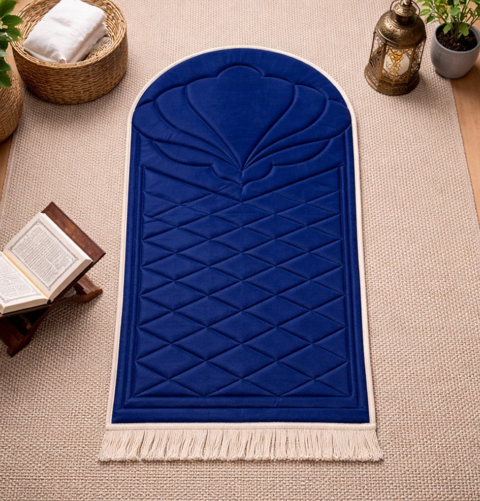 Quilted Foldable Foam Velvet Prayer Rug Navy Blue by Burdaclothing
