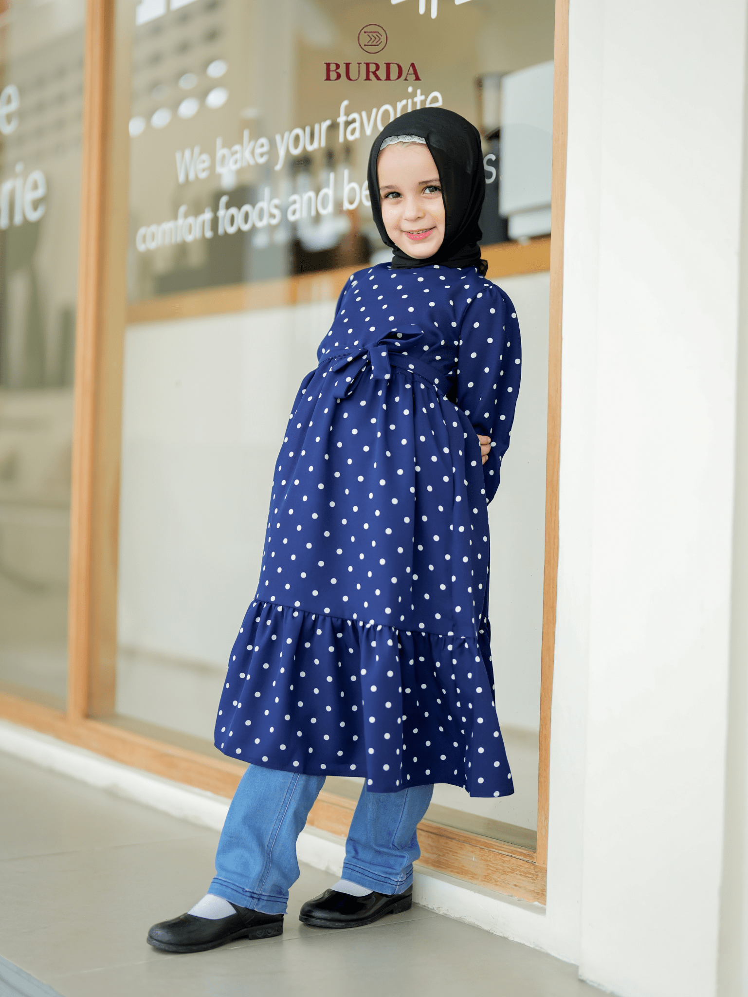 navy blue white polka dot dress Embroidered Marina Collar Dress