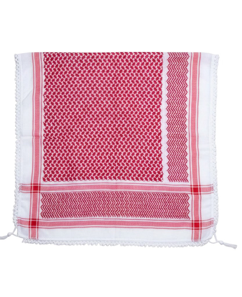 Burdaclothing Nablus Kufiya scarf in white and red with traditional woven patterns and decorative fringe edges.