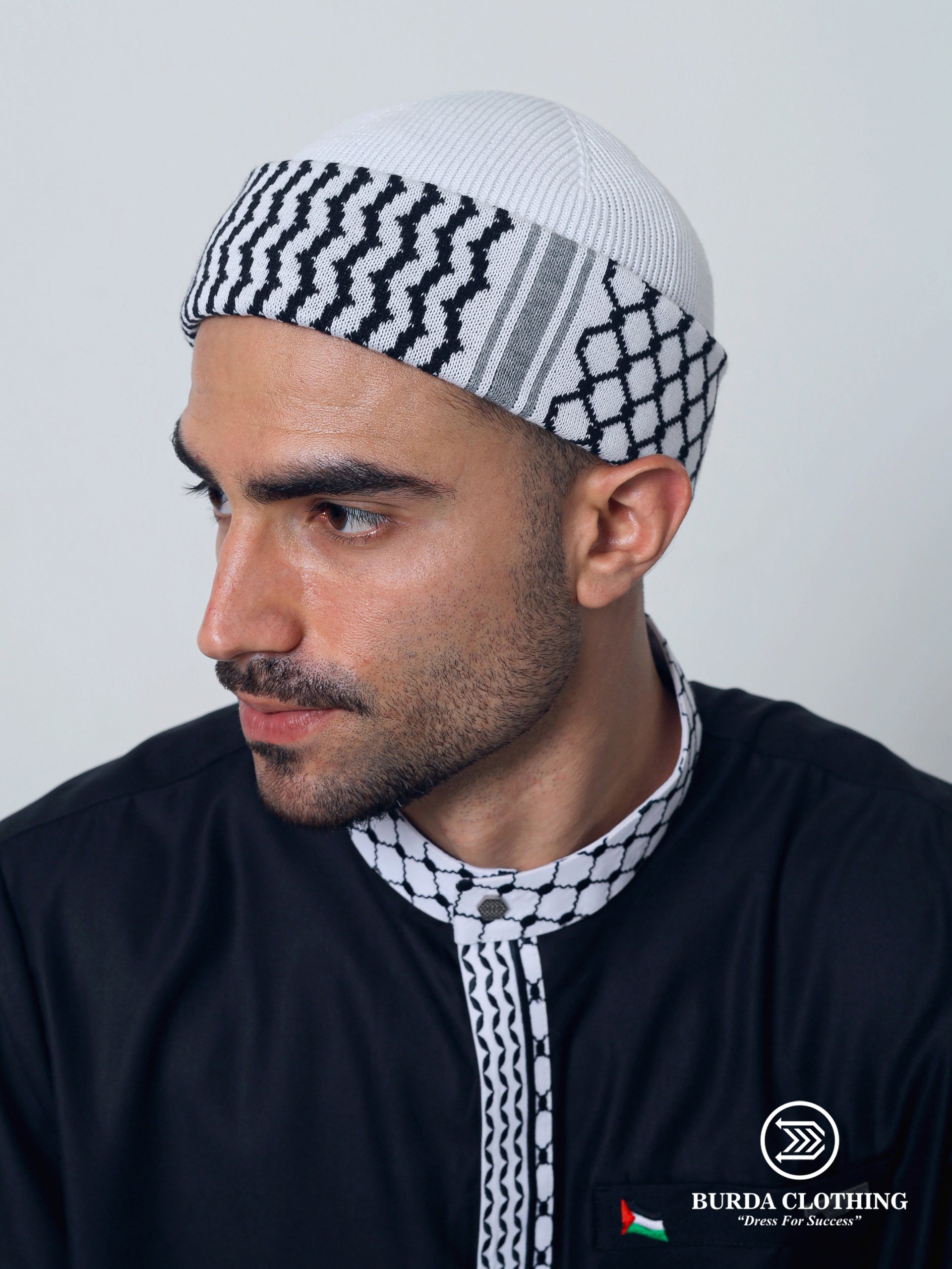 Palestine Kufiya Beanie White by Burdaclothing