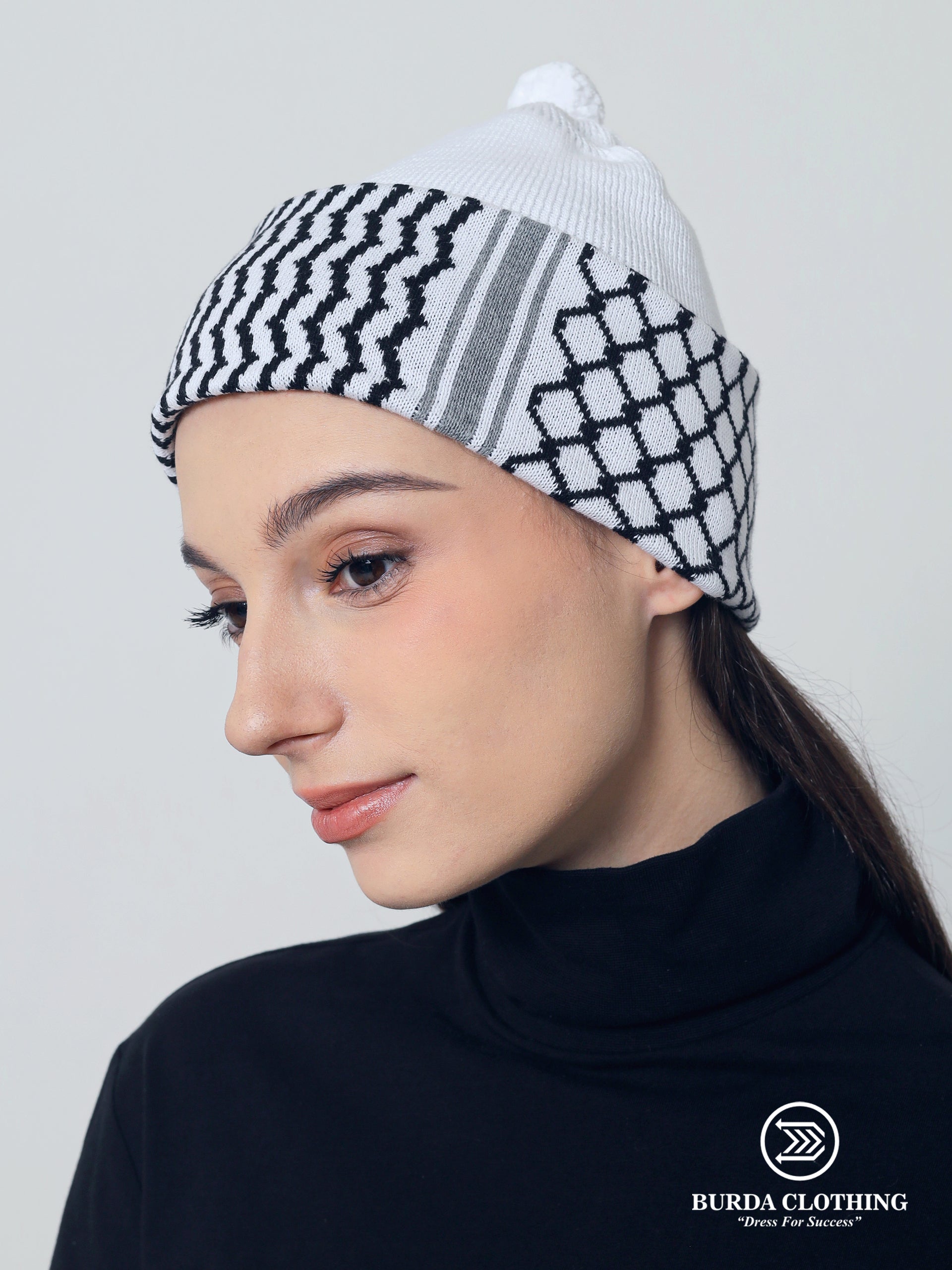 Palestine Kufiya Beanie Womens- White by Burdaclothing