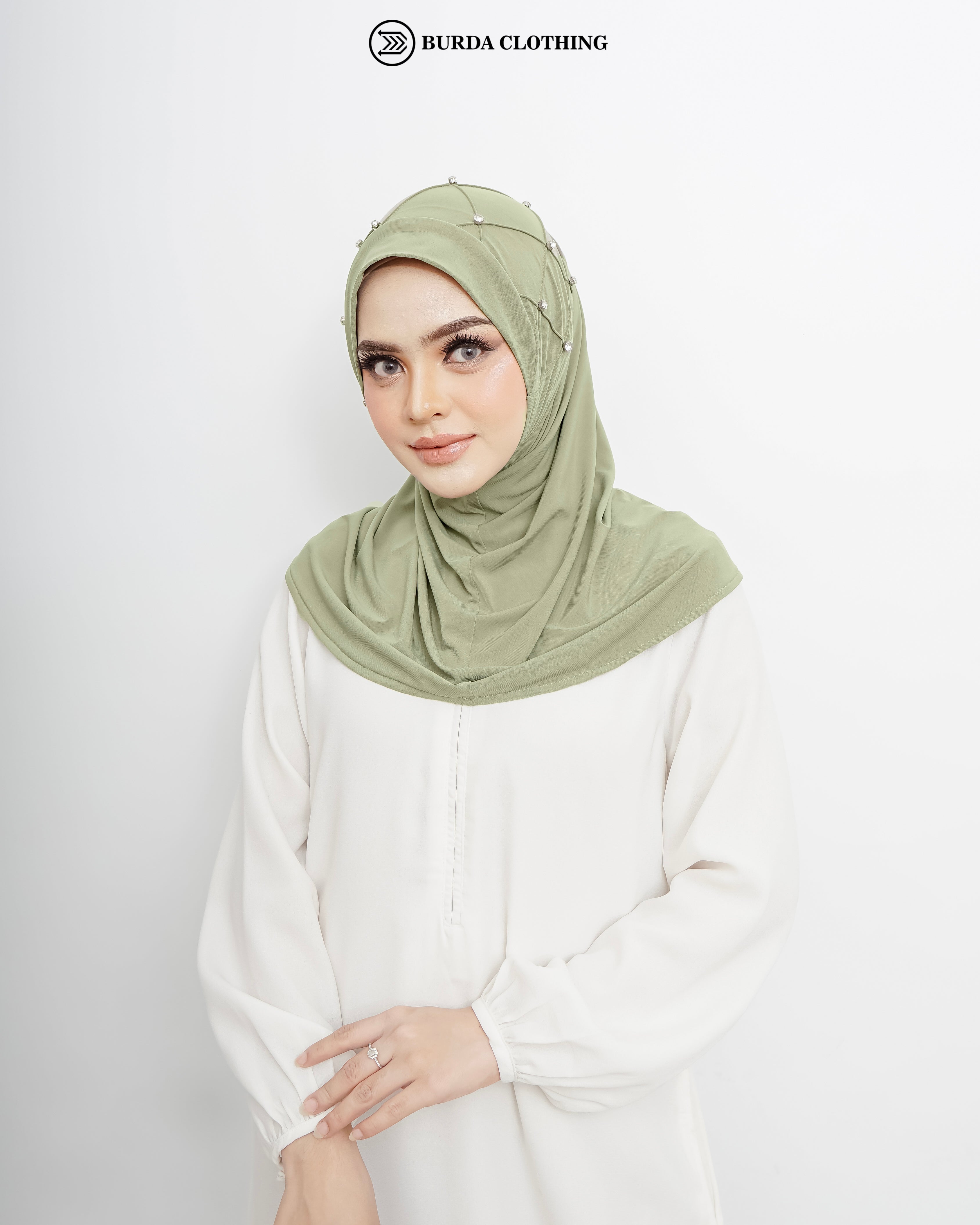 Pull on Hijab with stone (Jersey) Light Green by Burdaclothing