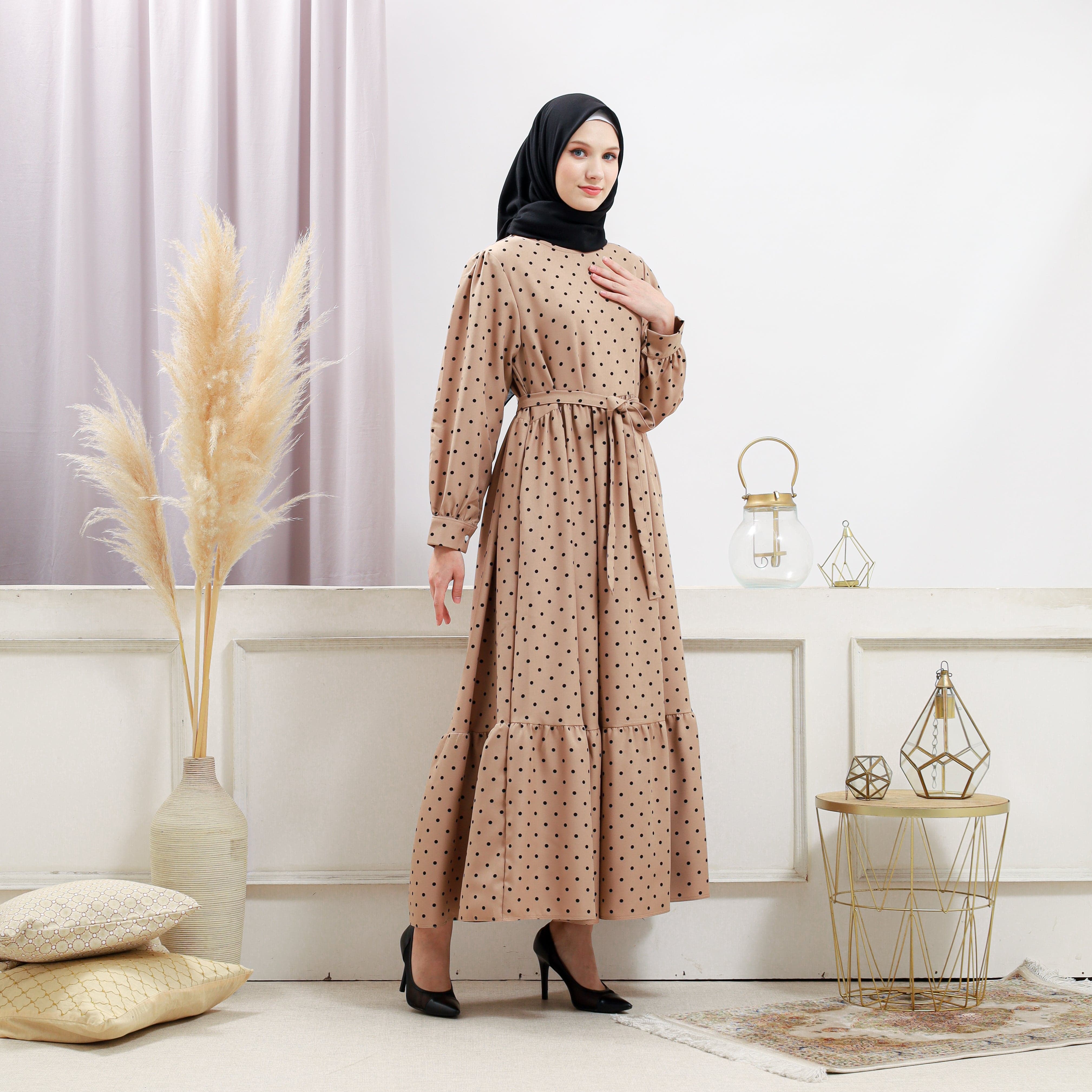 polka dot dress beige The Beige Polka Dot Button Mini Dress